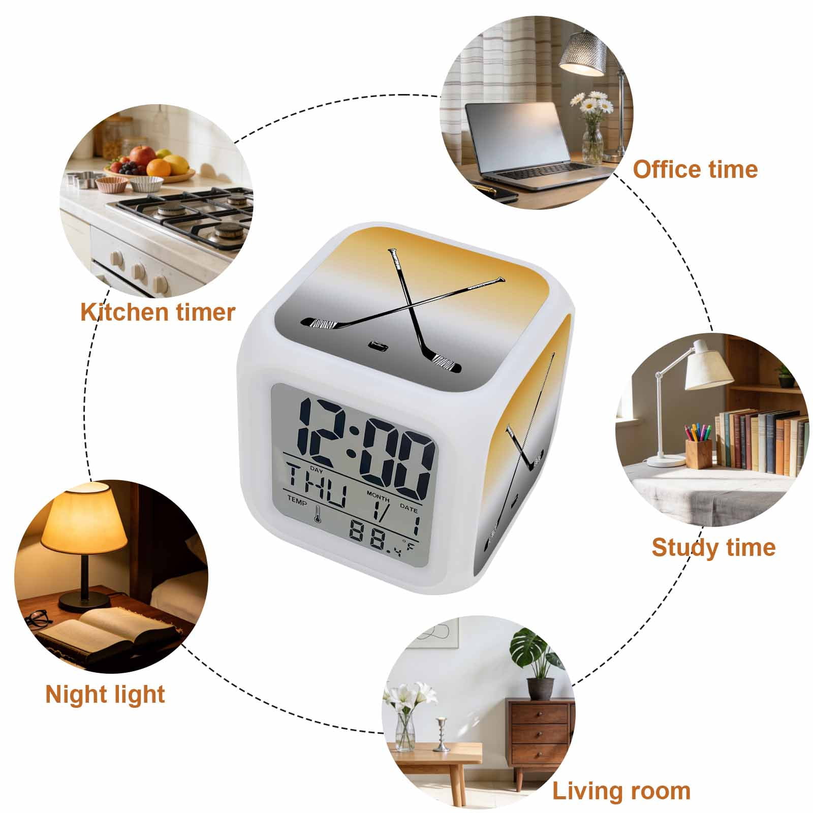 Alarm Clocks Hockey Player Digital Clock 7 Color LED Night Light Silent Non-Ticking Battery Operated Sports Ground Ombre Grey Yellow Cube Clocks for Bedroom Bedside Living Room Office School