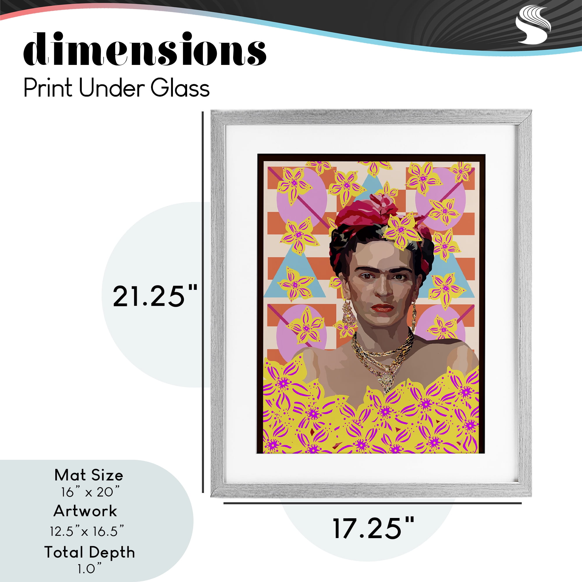 Frida's Floral Journey Gray Framed Print Under Glass, design by Lynnda Rakos