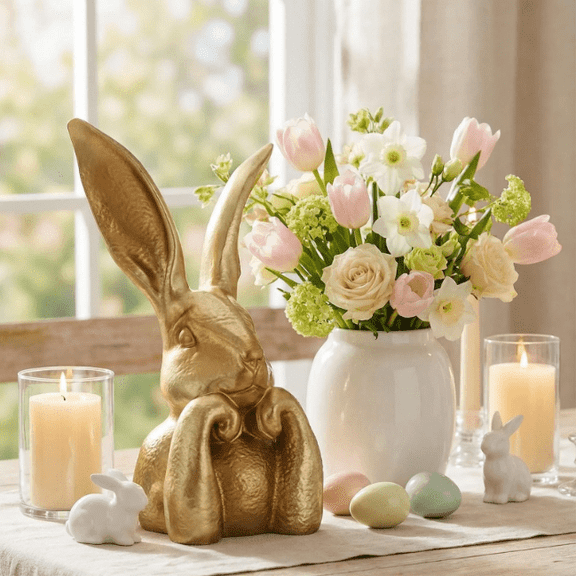 13.5 in Easter Gold Bunny Statue Vintage Resin Rabbit Figurine, Elegant Spring Easter Decor Table Centerpiece for Home Indoor Mantel Shelf Display, Collectible Holiday Gift