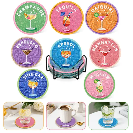 Diamond Art Coasters Kit for Adults, 5D Gem Diamond Painting Coasters with Metal Holder, Anti-Slip Reusable DIY Adult Crafts Diamond Painting Kits for Home Decor & Gifting