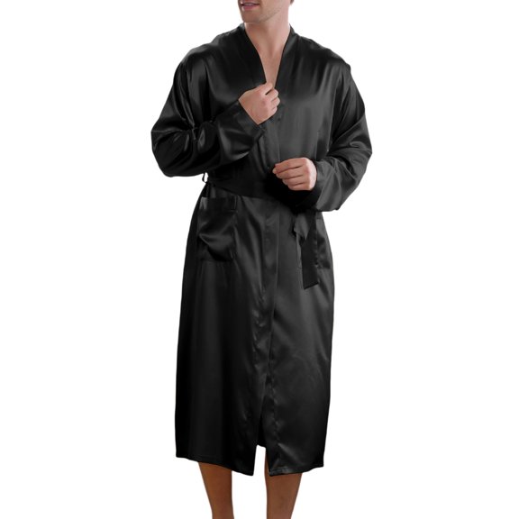 PMVFHDE Men Lightweight Bathrobe Long Cardigan Imitation Silk Nightgown Ice Silk Mens Pajamas Summer Home Wear Robe Black,XL