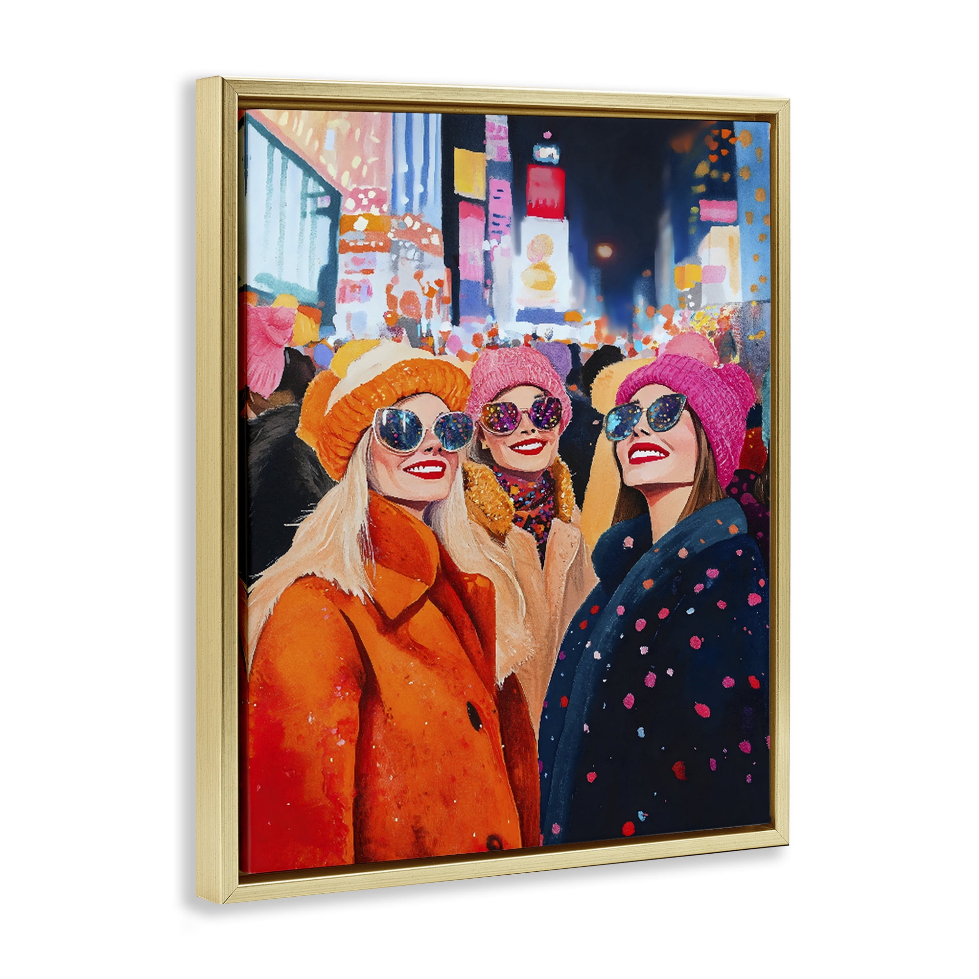 Stupell Industries New Year's Girls in City Gold Framed Floater Canvas Wall Art, design by LSR Design Studio