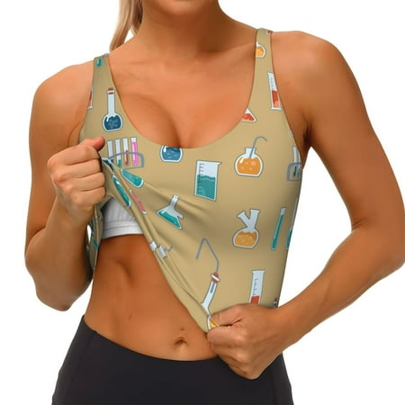 Qokaie Chemistry Class Pattern Womens Scoop Neck Sports Bra Breathable Workout Vest Padded U Back Medium Impact Fitness Gym Yoga Bra Workout Crop Top