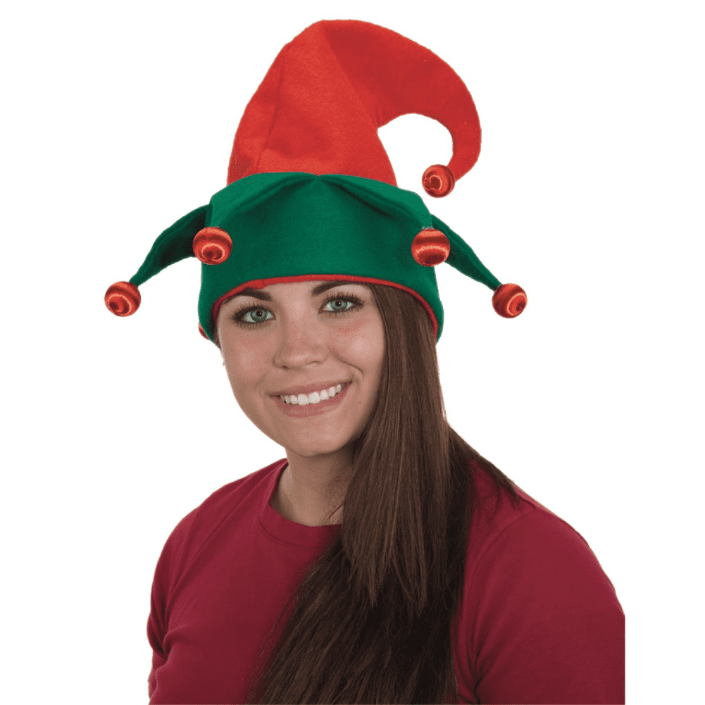 Christmas Santas Helper Elf Red Green Jester Hat Bells Holiday Costume Accessory