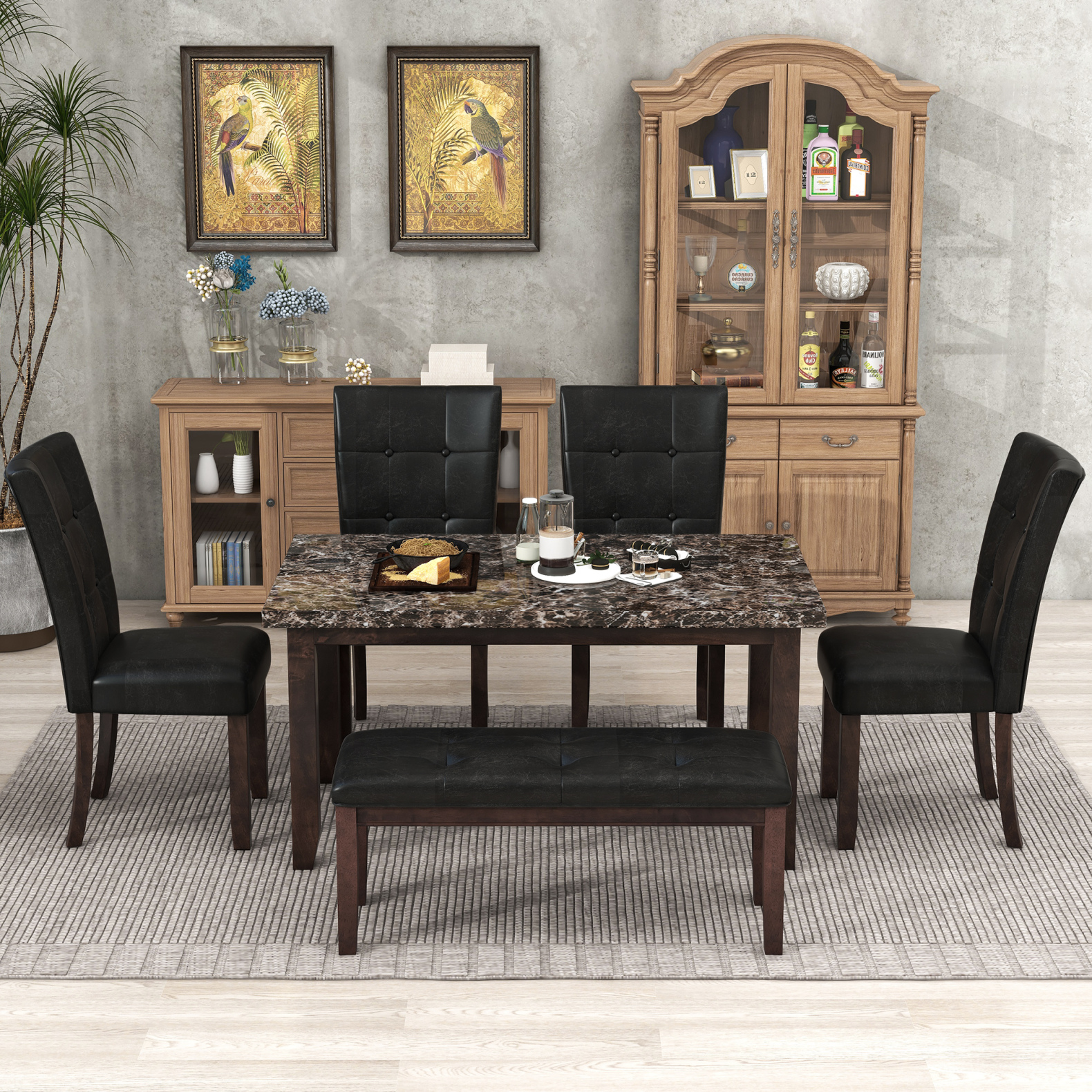 6 Piece Piece Dining Table Set, Kitchen Table Set with Faux Marble