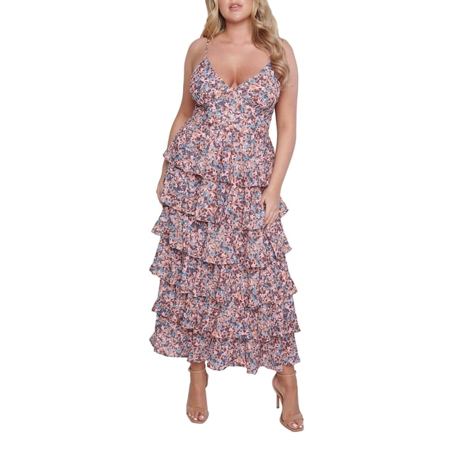 xiaxaixu Robe Longue à Imprimé Floral pour Femme, Col en V, Volants Superposés, Sans Manches, Robe Camisole, Robe d'Été Décontractée pour la Plage et les Fêtes
