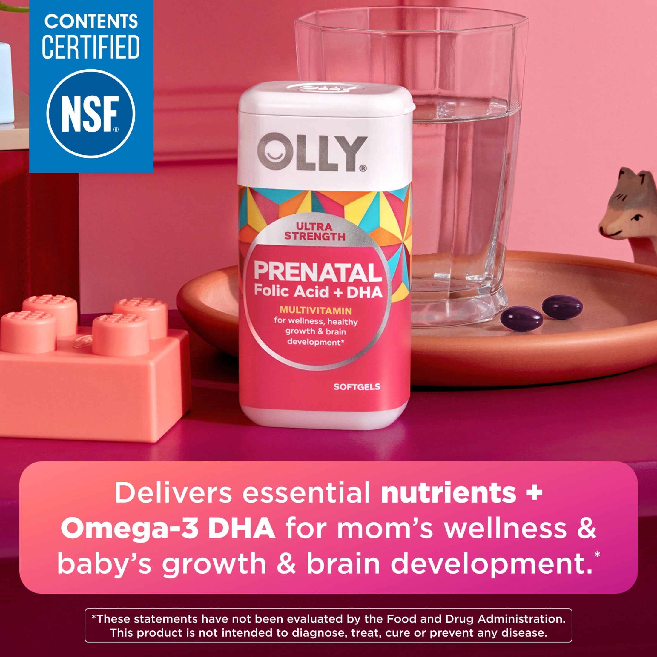 OLLY Ultra Strength Prenatal Multivitamin Softgels, Folic Acid, DHA, Iron, Vitamins B, C, D & E, 60 Count