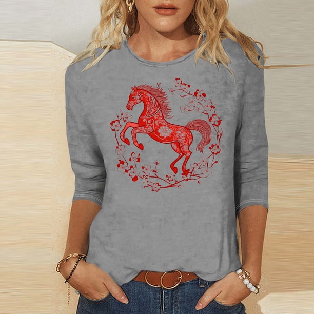TaTaai Ladies 2026 New Year Festival Print 3/4 Sleeve Round Neck Blouse Casual Top Holiday Celebration Party Attire Gift