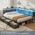 thumbnail image 4 of Tydimor L-Shaped Corner Bed Frame with 3 Storage Drawers, 3 Cubbies & Double-Layer Shelf, LED Lights & Power Outlet, Corner Full Beds for Living Room, Bedroom and Guest, Black, 4 of 12