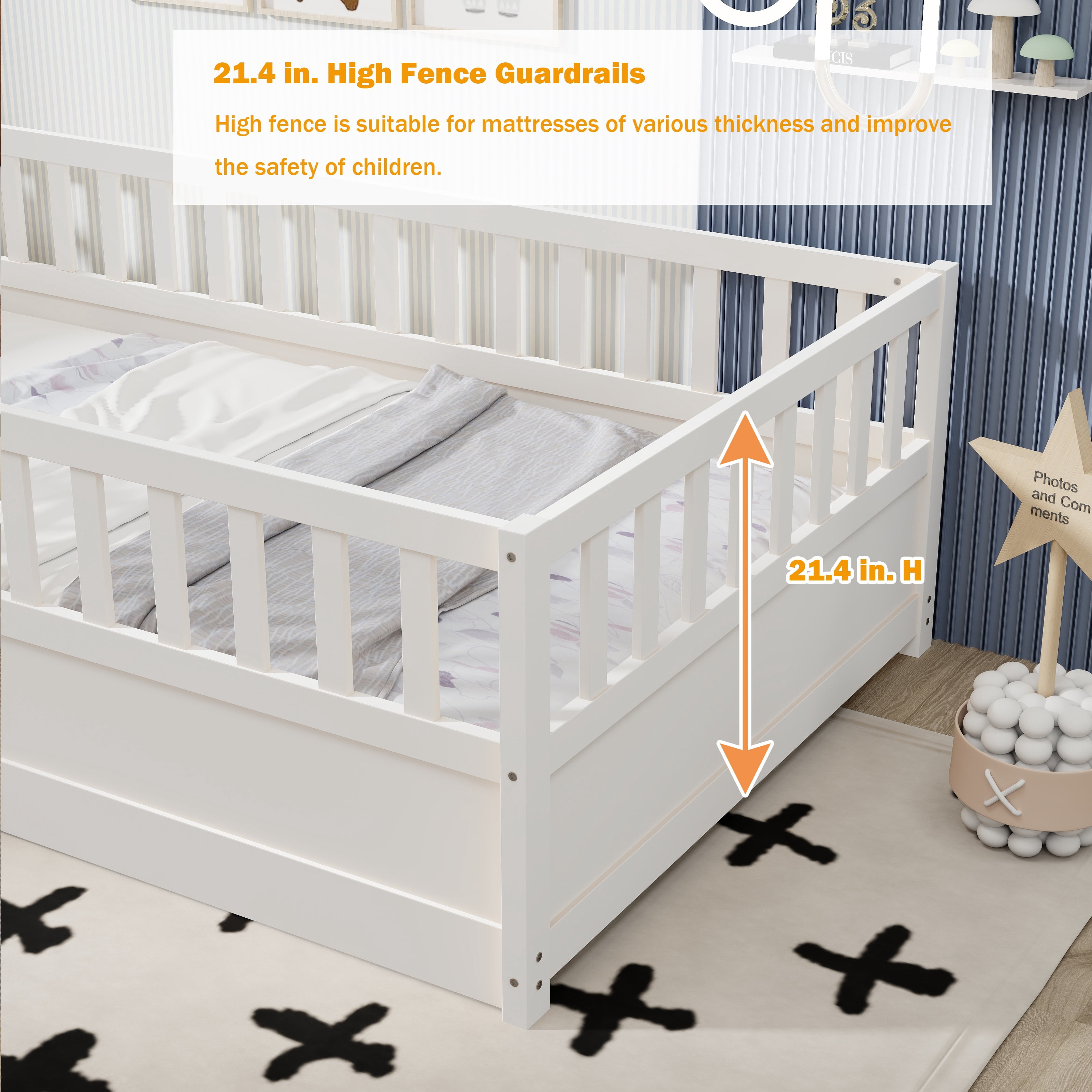Bellemave Twin Size Floor Bed with Door and High Fence Guardrails Floor Bed with Bed Slats Wooden Floor Bed Montessori Bed Frame (Twin, White, With Slats)