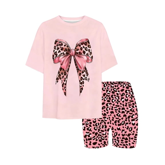 Tiijoy Summer Girls Outfits Bow Short Sleeve T-Shirt Leopard Biker Shorts Set, Sizes 1-14