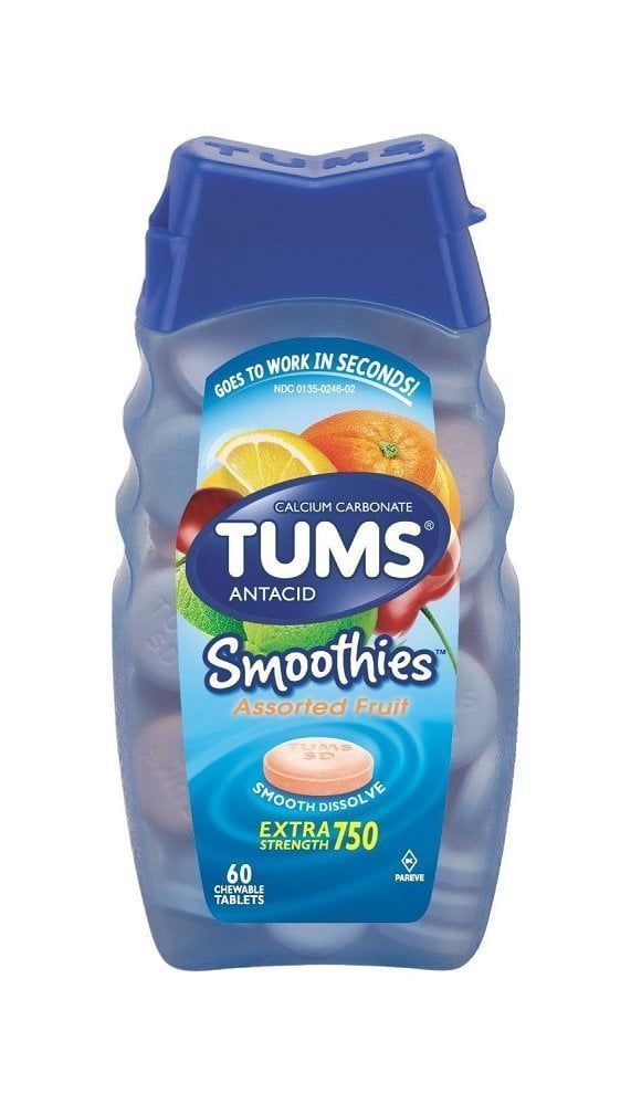 Tums Smoothies Assorted Fruit Flavors Extra Strength Chewable Tablets, 60 Count Per Bottle 2 Bottles