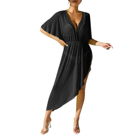 Huowey Women Swimwear Irregular Hem Beach Cover Up Dress Sheer Batwing Sleeve Waist Tie Maxi Dress Summer Beachwear Honeymoon Cruise Trendy Wear