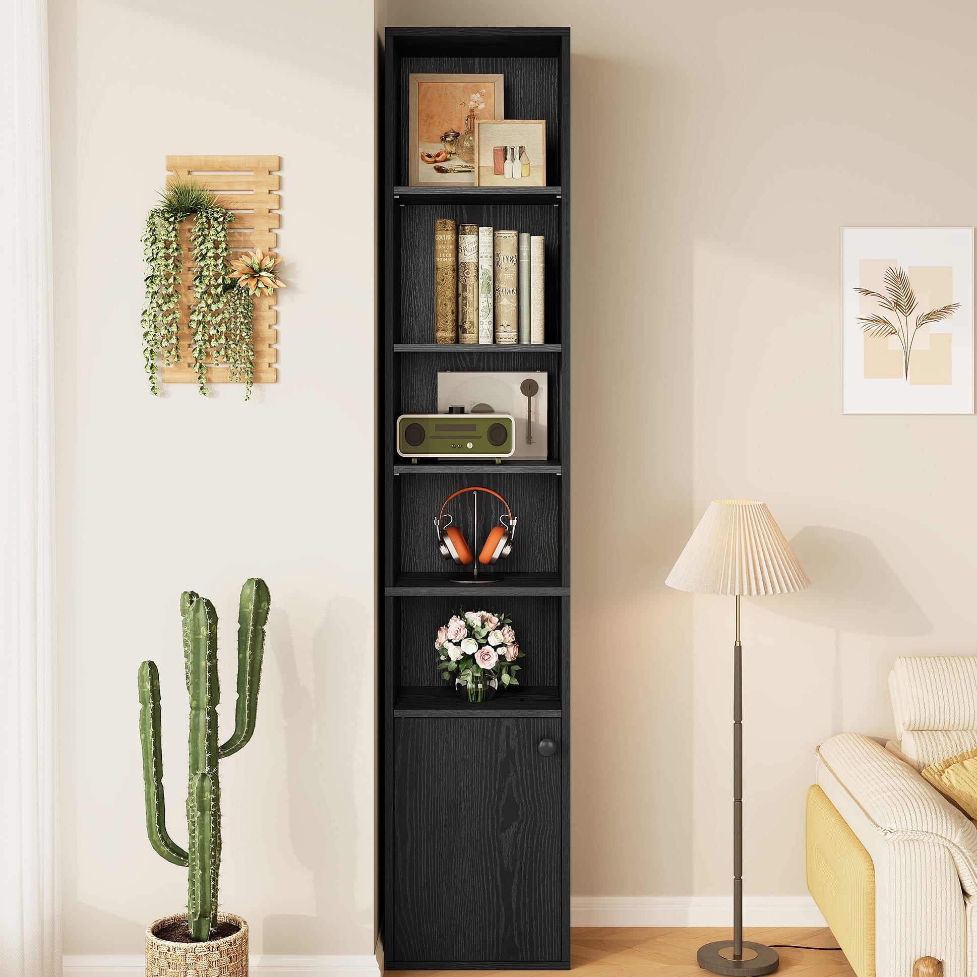 IRONCK 71" Tall Narrow Bookcase with Adjustable Shelves, 5 Tier Cube Bookshelf with 1 Door Storage Cabinet, Black