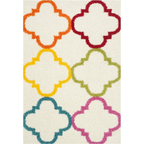SAFAVIEH Keeleigh Geometric Quatrefoil Kids Shag Area Rug, Ivory/Multi, 5'3" x 7'6"