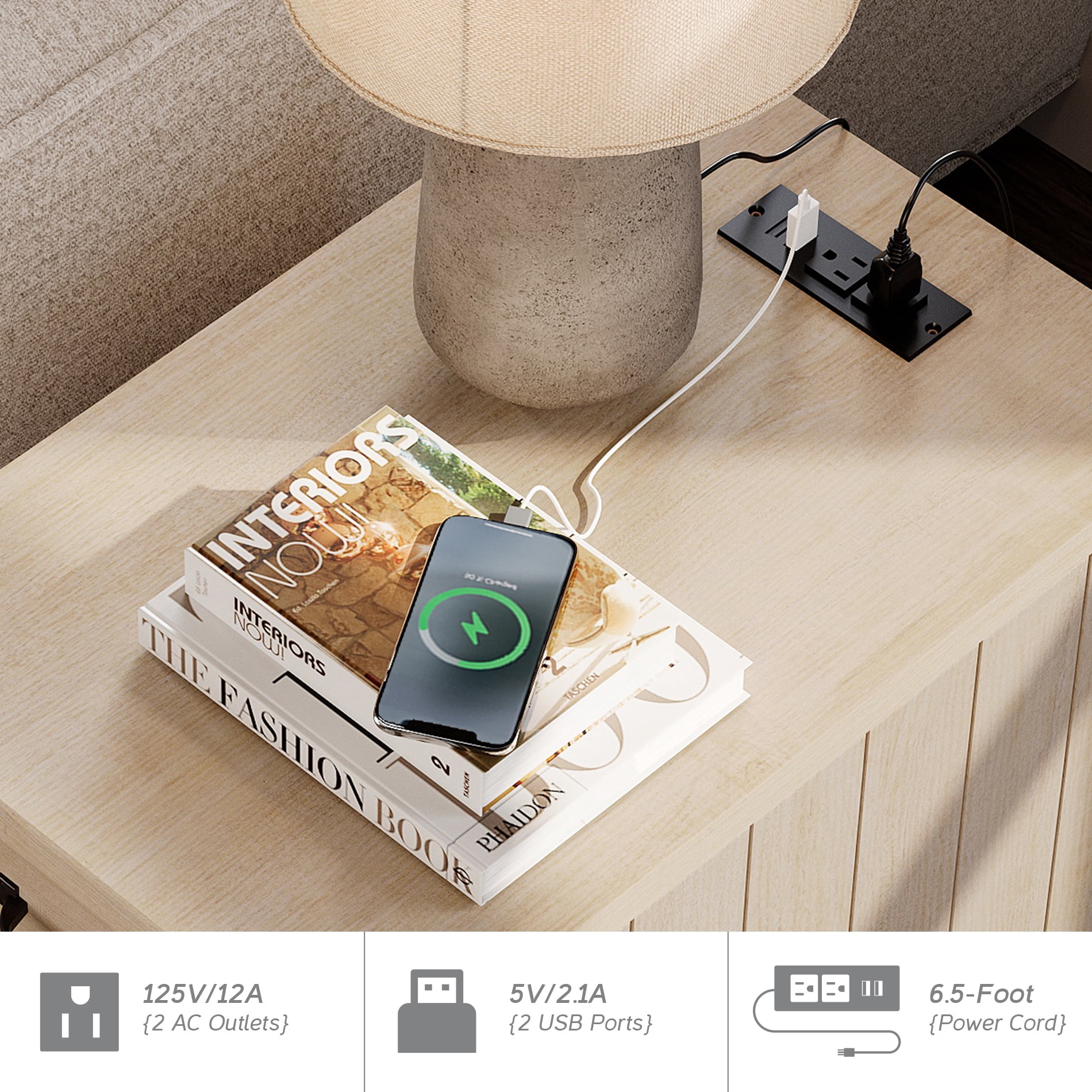 Beige Side Table with Drawer & Cabinet, Elegant End Table with Charging Station, Wooden Nightstand for Bedroom, Living Room
