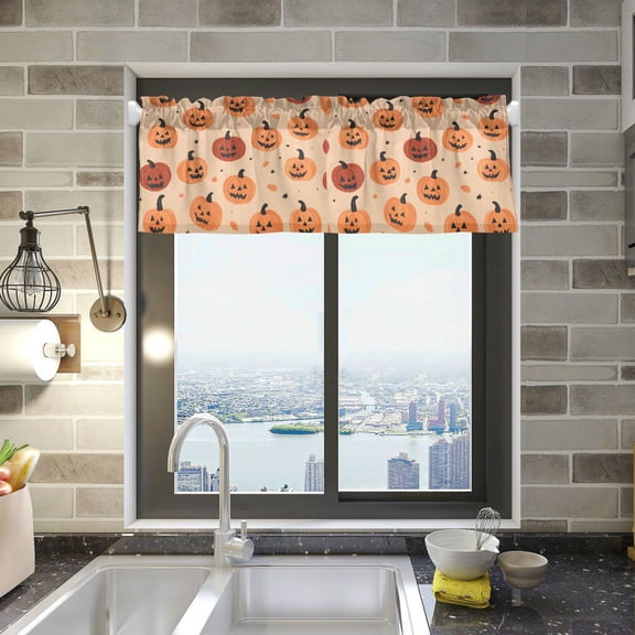Yayeee Kitchen Valance Rod Pocket 54" x 18" Living Room Window Curtain, Colorful Halloween Pumpkin Pattern