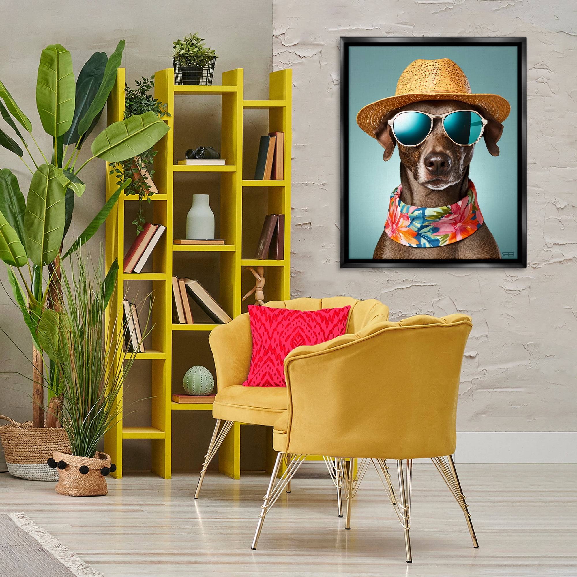 Stupell Industries Beach Ready Pup Animals & Insects Painting Black Floater Framed Canvas Art Print Wall Art, 25 x 31