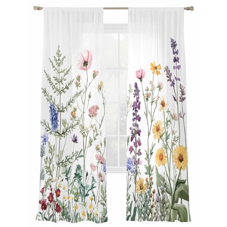 Spring Yellow Sheer Curtains 2 Panels Set Wildflower Botanical Green Leaves Sheer Window Curtains Light Filtering Rod Pocket Voile Drapes for Bedroom Living Room 52 X96