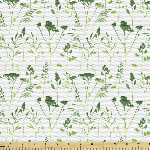 Botanical Sofa Upholstery Fabric by the Yard, Wild Herb Silhouettes in Monochromatic Natural Colors Repetition, Decorative Fabric for DIY and Home Accents, Green Lime Green by Ambesonne