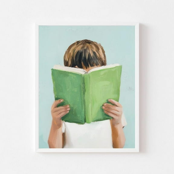 Kna Prints - Brunette Boy Reading Green Book Painting Pastel Book Nook Wall Art Print Blue Boy'S Room Colorful Library,-8x12 Poster Only