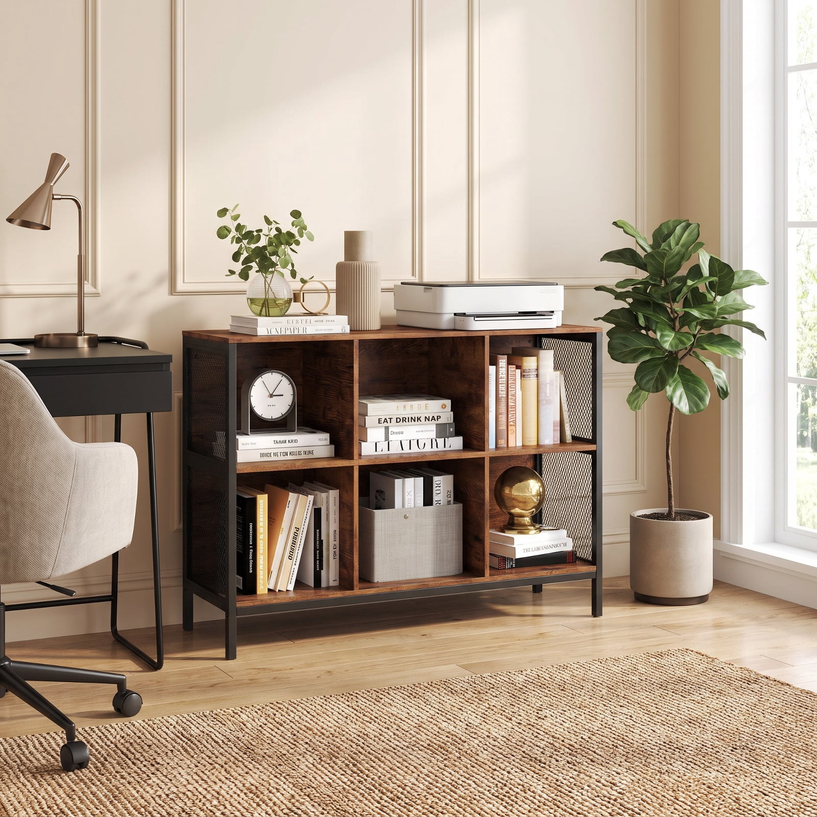 Furnibear 6 Cube Bookcase 42" Wide Horizontal Bookshelf with Accent Cubby Shelf for Living Room Home Office Bedroom Display Storage, Rustic Brown