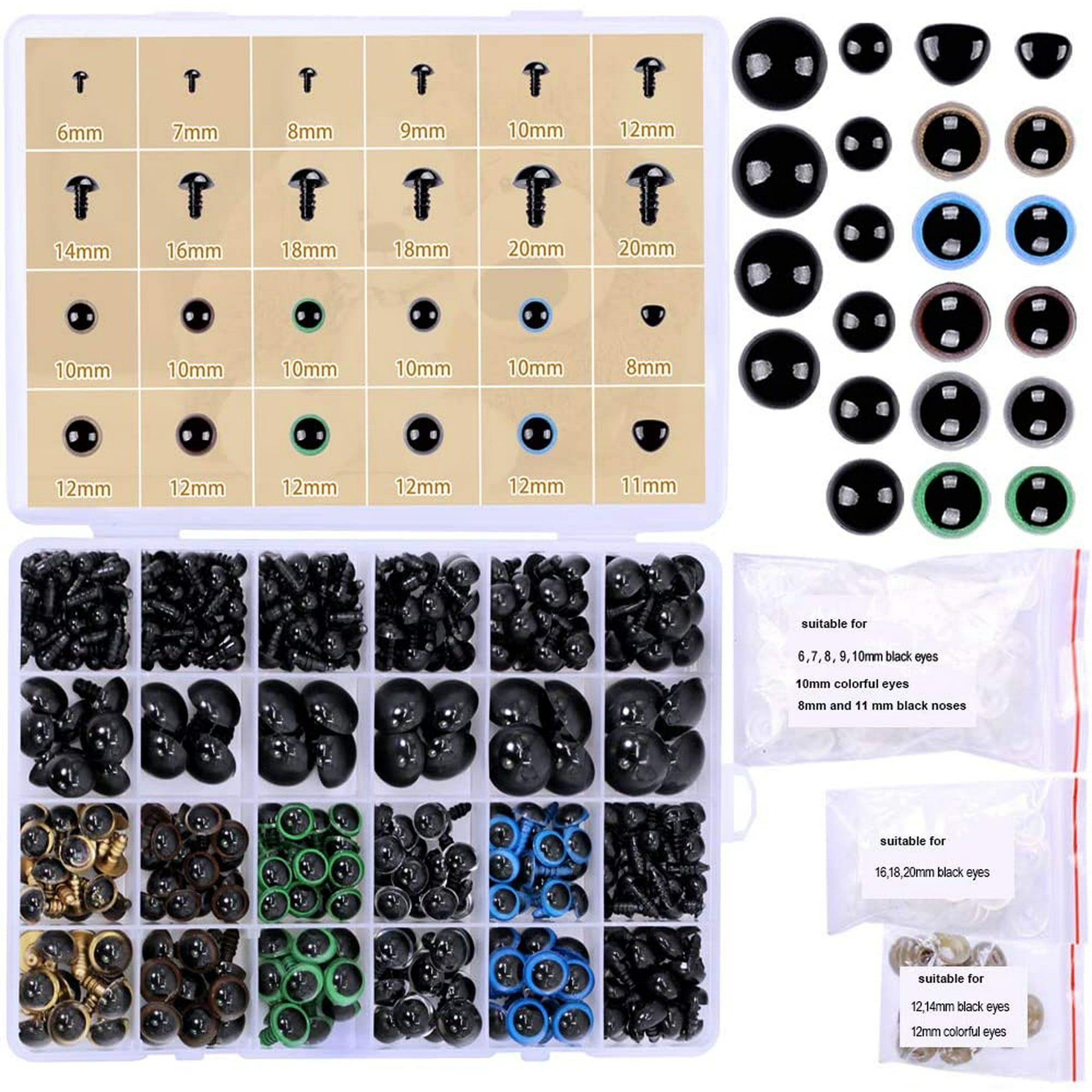 348 Pcs 6-20mm Black Plastic Safety Eyes Colorful Plastic Safety Eyes Craft  Eyes And Safety Noses With Washers For Doll, Puppet, Plush Animal