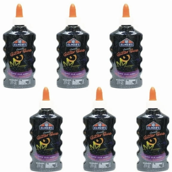 Pack of 6 - Elmer's Washable Classic Glitter Glue - Black (6 fl. oz.) Great for Slime!