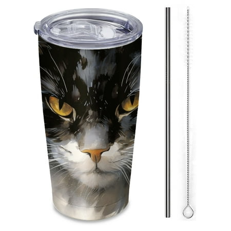 

Beautiful black and white cat with golden eyes Insulated Travel Tumbler 20 oz Car Cup with Reusable Straw & Brush Hot & Cold Beverage Cup for Office/Outdoor