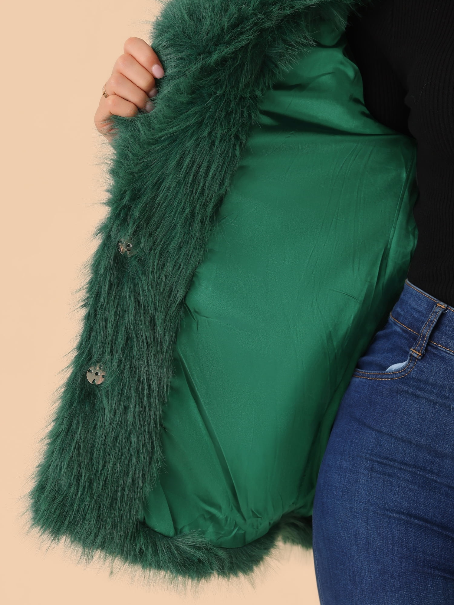 DARING DIVA Women's Faux Fur Coat Long Sleeve Lapel Shaggy Jackets with Pockets S Dark Green