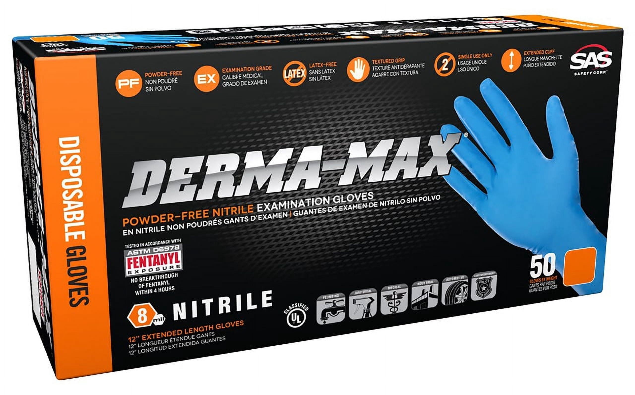 SAS Safety-Derma Max 6610-40 Powder-Free Nitrile Exam Gloves, 8 Mil, 12" Extended Cuff, 2X-Large, 50/Box, 10 Boxes/Case