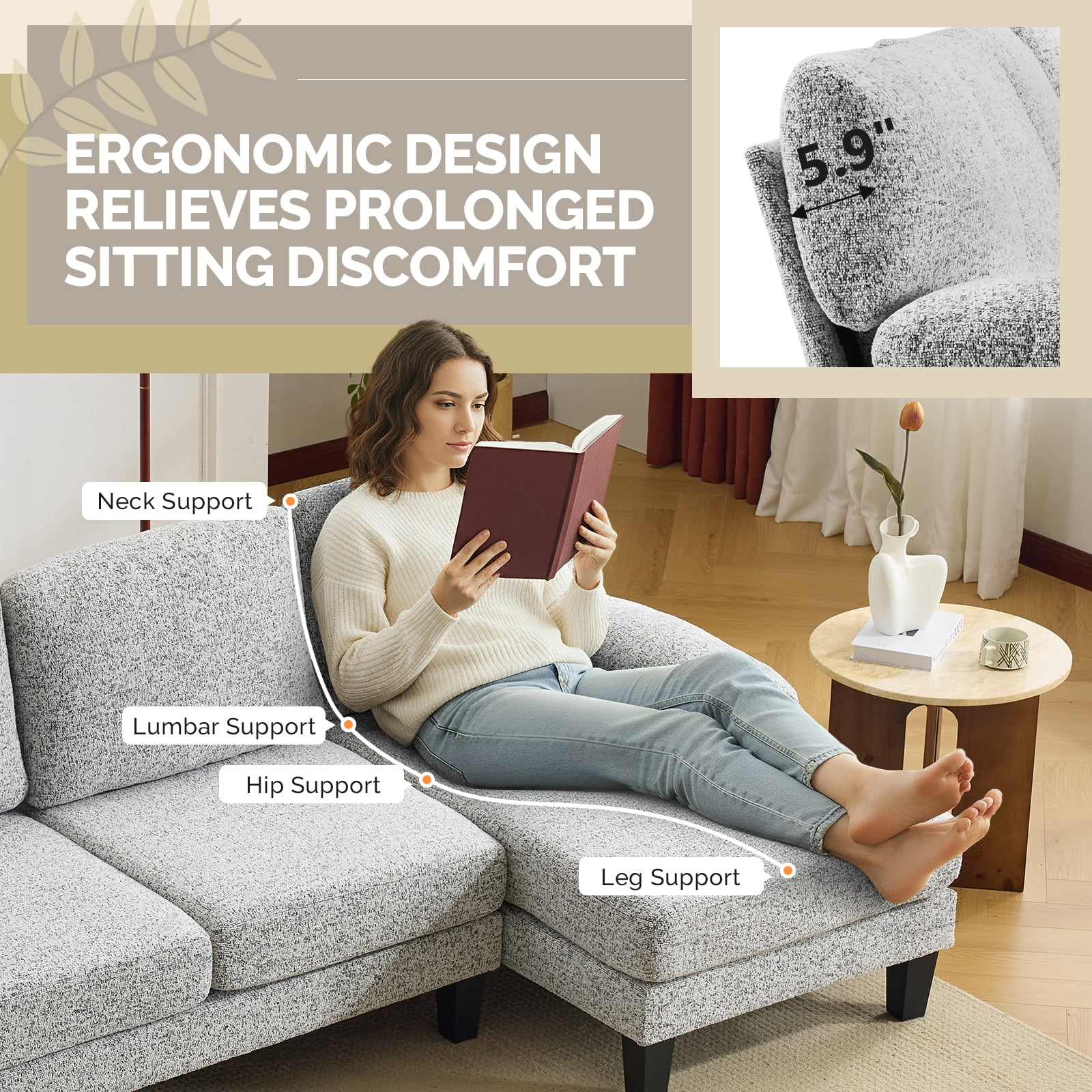 Ktaxon U-Shaped Sectional Sofa Set with Chaise, 4-Seater Blended Chenille Couch for Living Room, Apartment, Easy Assembly Gray