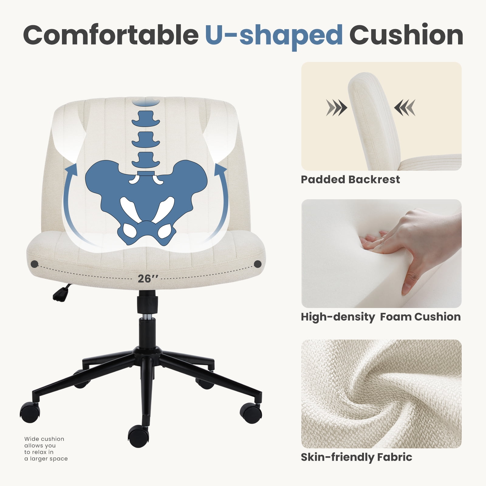 EDX Armless Office Chair Criss Cross Legged Chair with Wheels, Comfy Home Vanity Task Desk Chair, Beige