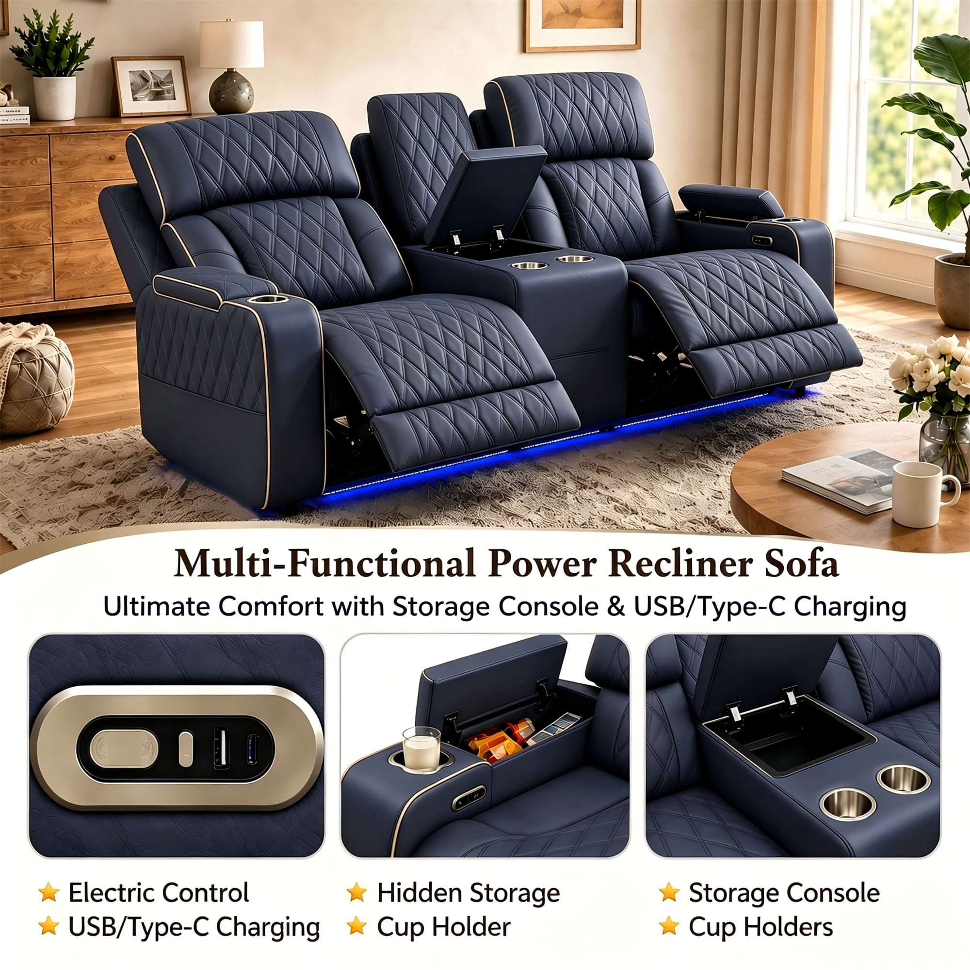 Aukfa Power Recliner Loveseat RV Sofa with USB, Cup Holders & LED Lighting, Storage Console, Home Theater Seating for Living Room, PU Leather, Blue Gray