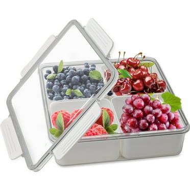 Square Veggie Tray with Lid & 4 Compartments, Sealed Sectioned Divided Serving Tray Fruit Platter, Reusable Snack Box Charcuterie Container for Party Fridge Vegetable Food Organizer