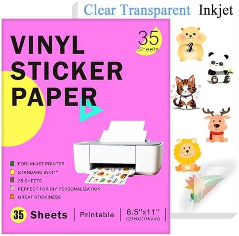 35 Sheets Printable Clear Vinyl Sticker Paper for Inkjet Printers, Transparent Paper of 8.5x11"DIY Personalized Self-adhesive Paper That Is Tear Resistant, Waterproof Labels, Easy to Cut