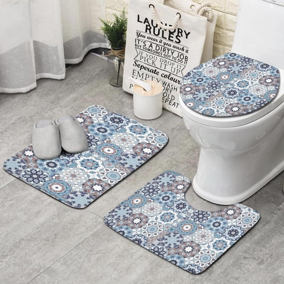 Blue Ethnic Geometric Pattern Bathroom Rugs Sets 3 Piece,Toilet Cover Set,Absorbent Non Slip Bathroom Mats Sets with U-Shaped Contour Rug Toilet Rug Set