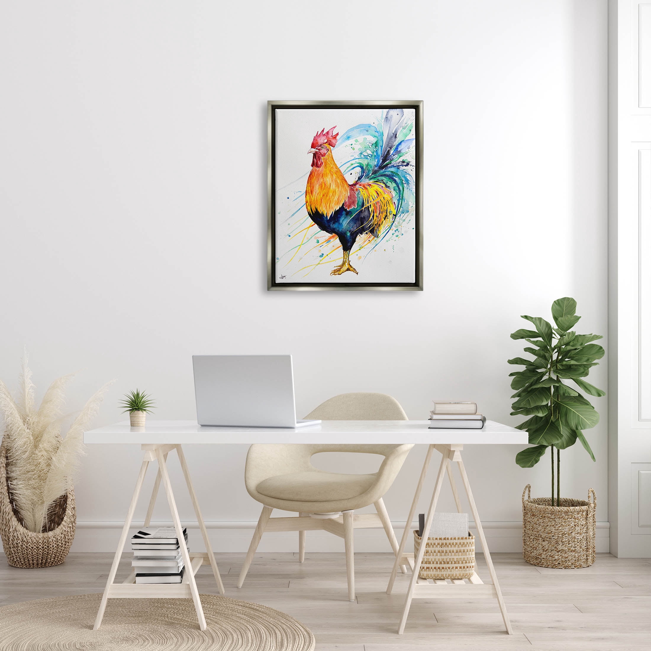Modern Rooster Rainbow Splatter Animals & Insects Graphic Art Luster Gray Framed Art Print Wall Art