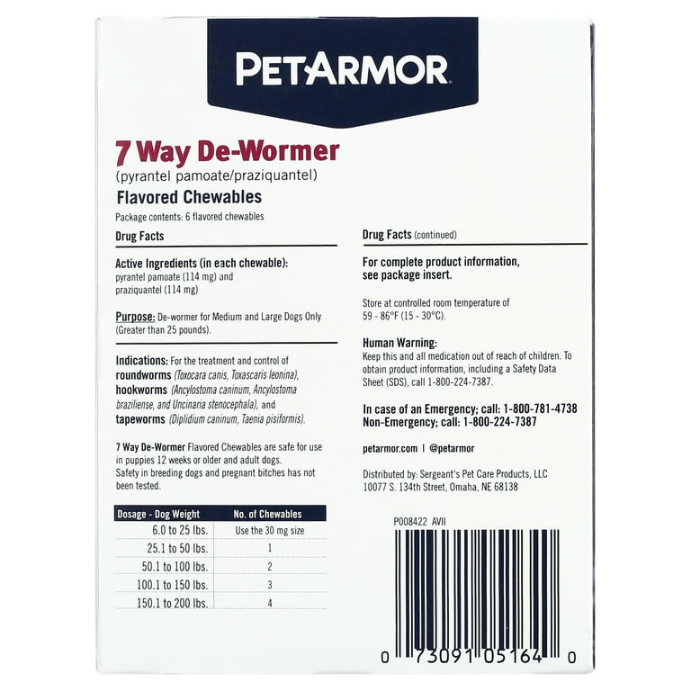 tobacco dewormer PETARMOR 7 Way De-Wormer for Medium and Large Dogs, 25.1-200 lbs, 6  Chewable Tablets