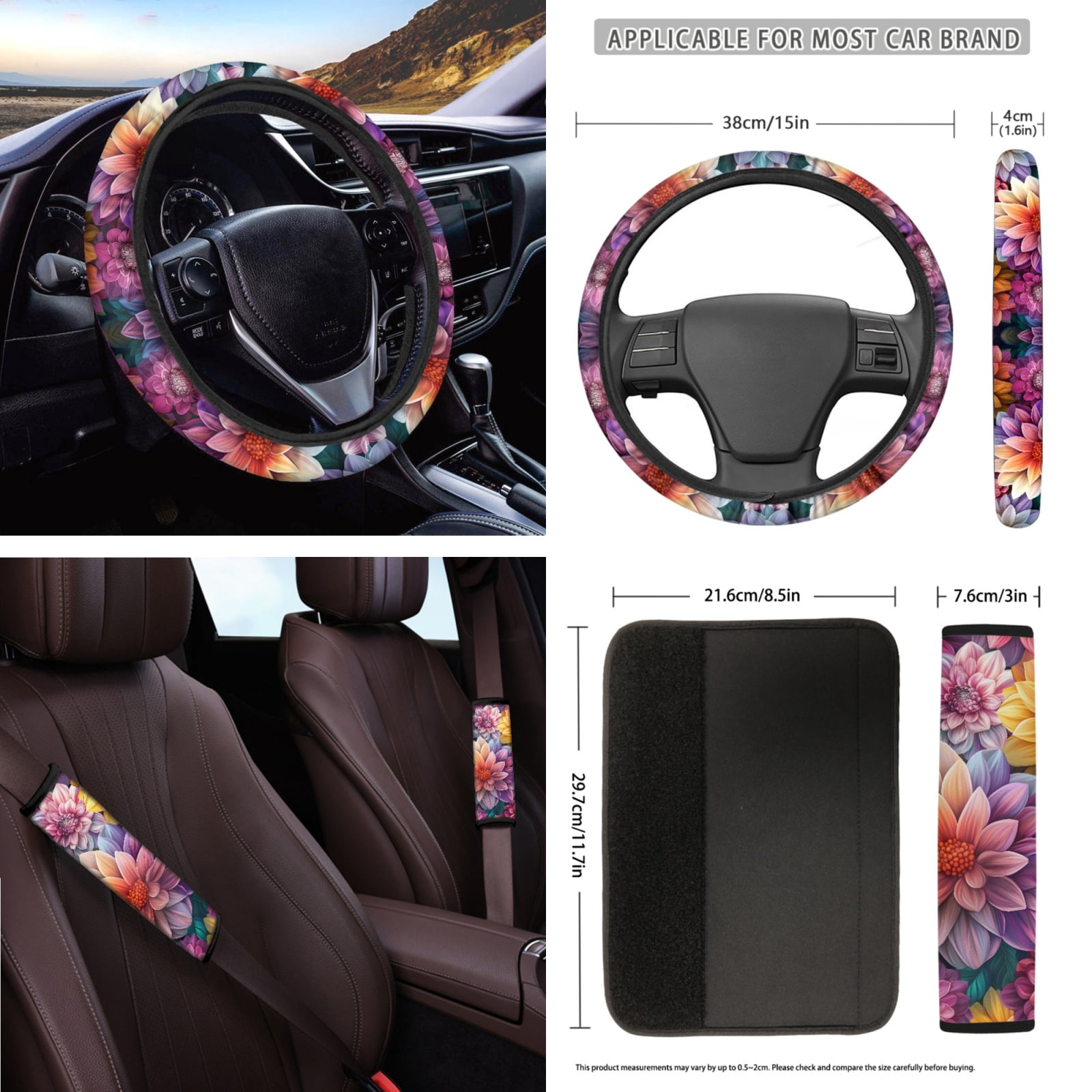 Yuyamidu Dalia Car Seat Cover Set for Women Colorful Flower Steering Wheel Cover Seat Belt Pads Handbrake Cover Set Car Window Shade Rearview Mirror Cover Cup Holder Wrist Key Chain 16 PCS