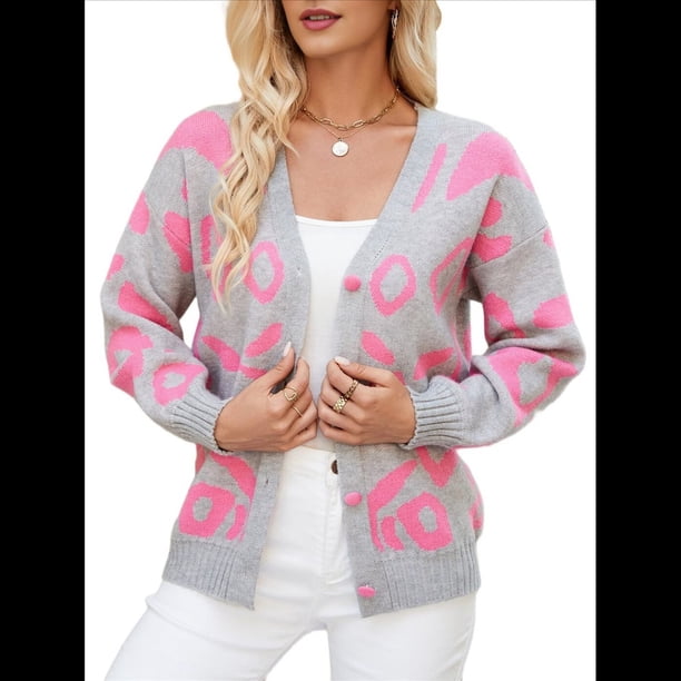 Cárdigan con Estampado de Leopardo para Mujer, Cuello en V, Larga, Bloque de Color, Suéter con Botones, Prenda Exterior Gris L