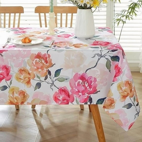 Spring Flower Table Cloth Watercolor Floral Tablecloth, Washable Water Resistant Rectangular Table Cover for Monther's Day Decor