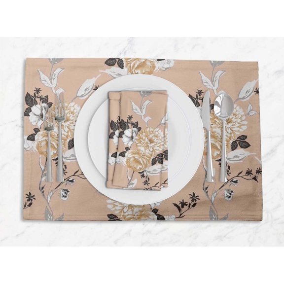 S4Sassy Orange Leaves & Peony Floral Everyday Washable Placemats With Napkins Dining Table Decor