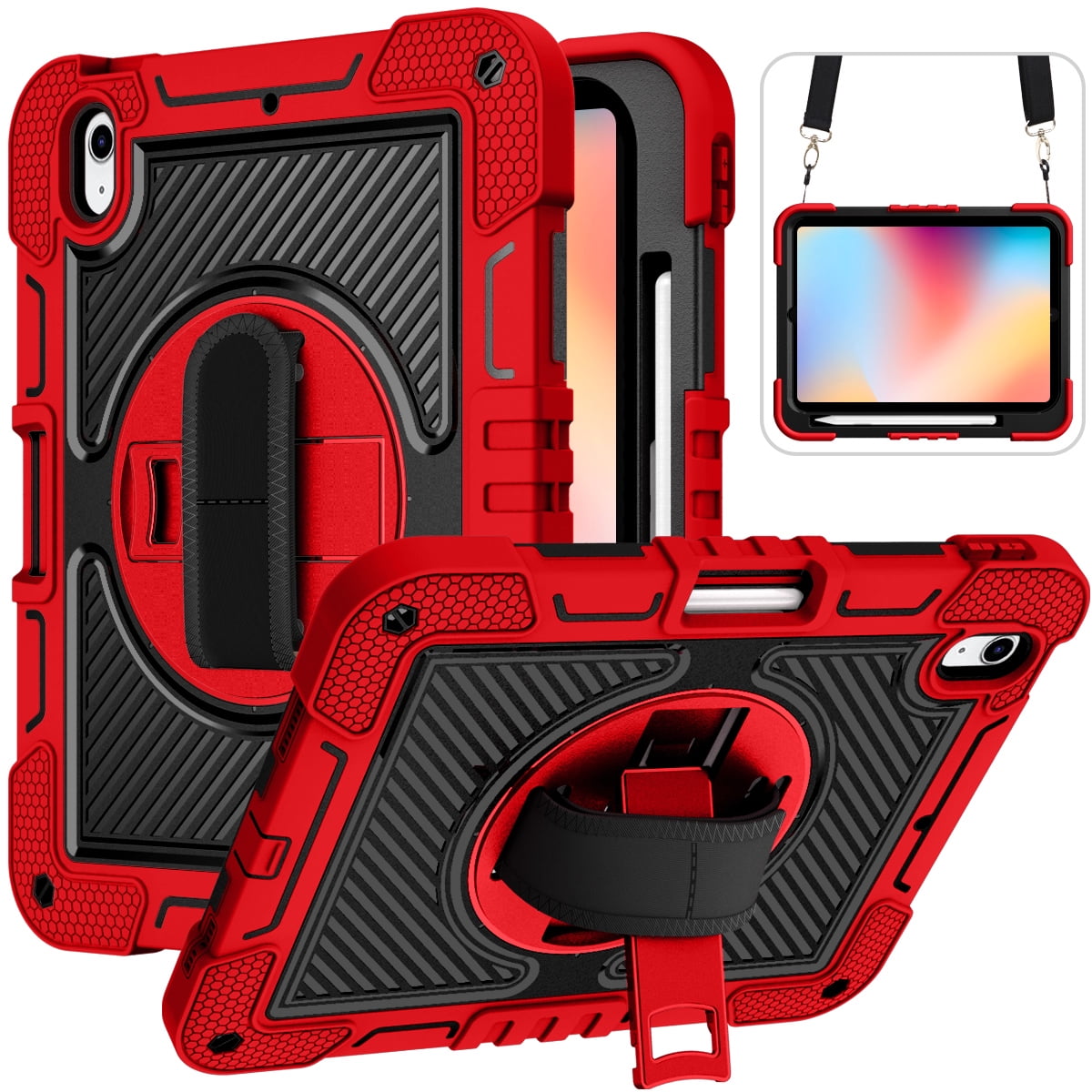 Étui pour Tablette Samsung Galaxy Tab A9 Plus S9 FE S8 Plus A7 Lite S6 P610 A8 X200 X205 Rotation 360 Sangle de Main & Support (Rouge Noir -SP, Tab A9 8.7 Pouces)