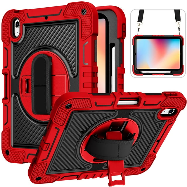 Étui pour Tablette pour Samsung Galaxy Tab A9 Plus S9 FE S8 Plus A7 Lite S6 P610 A8 X200 X205 Rotation 360 Sangle de Main et Support Housse Rouge Noir -SP Tab A9 8,7 Pouces