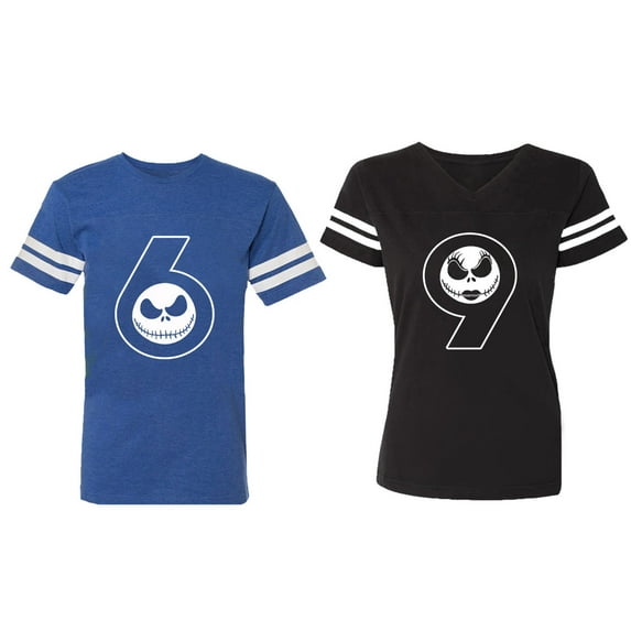 Matching Couple Cotton Jerseys (Men Royal / Women Black) (Men S / Women S)