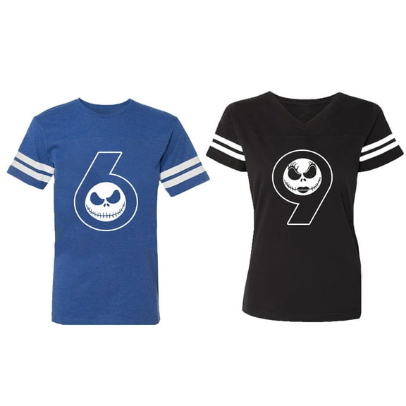 Matching Couple Cotton Jerseys (Men Royal / Women Black) (Men S / Women S)