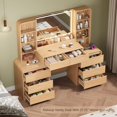 thumbnail image 3 of FANRAL Curved Wood Vanity with LED Frame Mirror,Built-in Power Outlet & 8 Drawers,Open Shelves Dressing Table with Large Storage for Bedroom,Natural Oak Vanity, 3 of 9