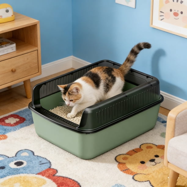 Caja de arena semicerrada para gatos con tapa de entrada superior, lados altos, control de olores, caja de arena cubierta con filtro de cuchara para control de olores, caja de arena de plástico para g