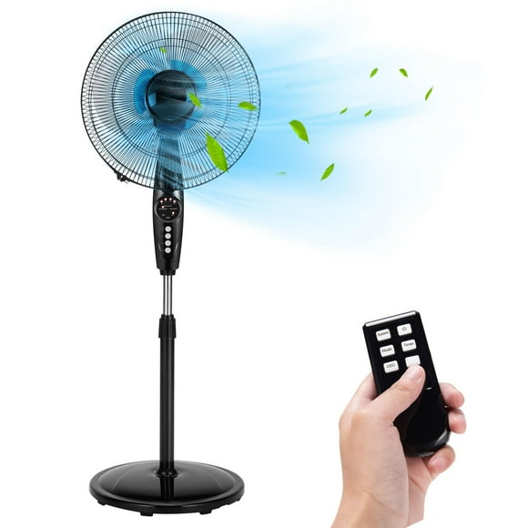 DORTALA Ventilador de pedestal con dos aspas, ventilador oscilante de 18 pulgadas con temporizador y altura ajustable, ventilador eléctrico de pie de 3 velocidades con control remoto para flujo de air